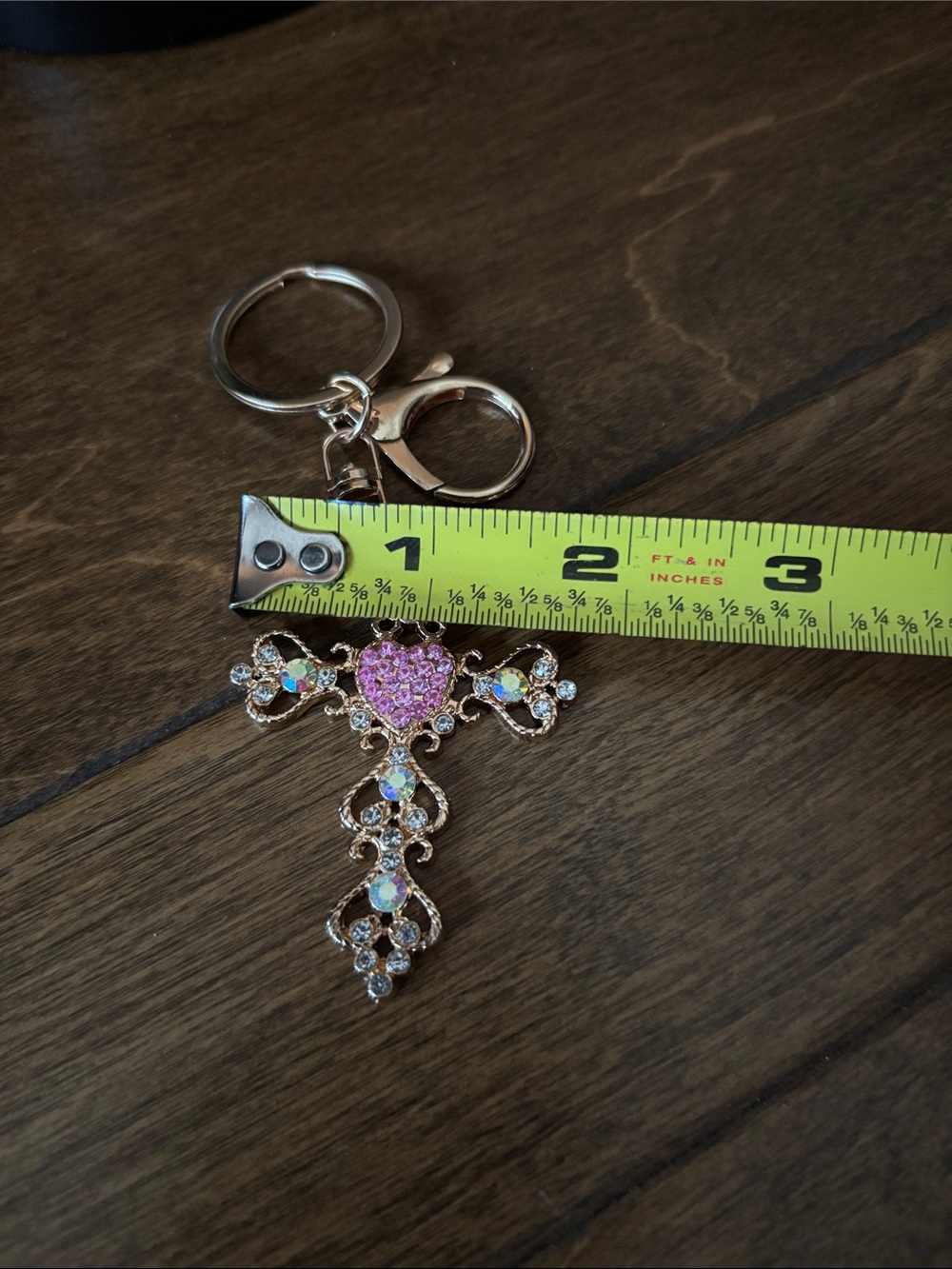 Gold Crystal Cross Keychain with Pink Heart - Picture 5 of 5